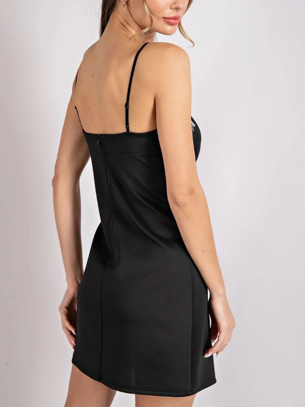 NWT Sleek Black Spaghetti Strap Body Con Dress with Rhinestone Fringe